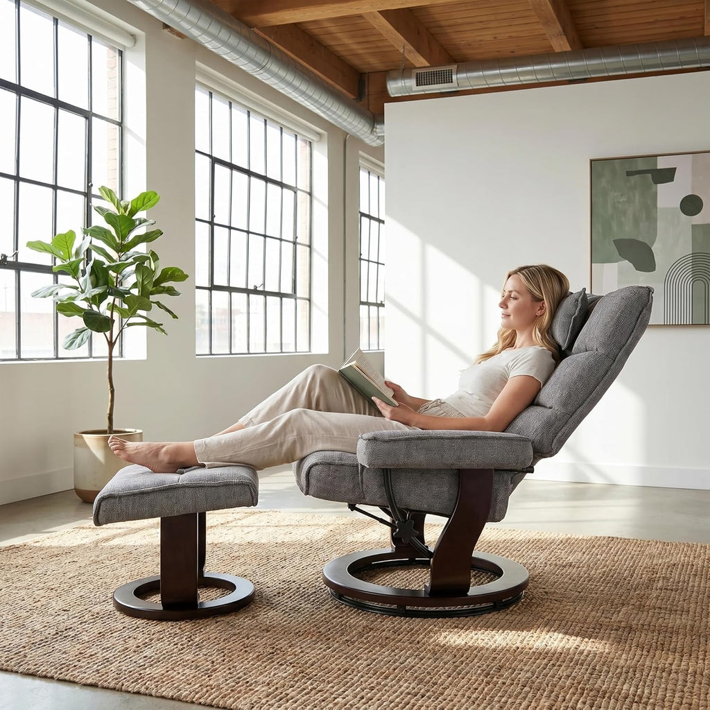 Modern Reclining Swivel Lounge Chair and Ottoman — Grey Chenille