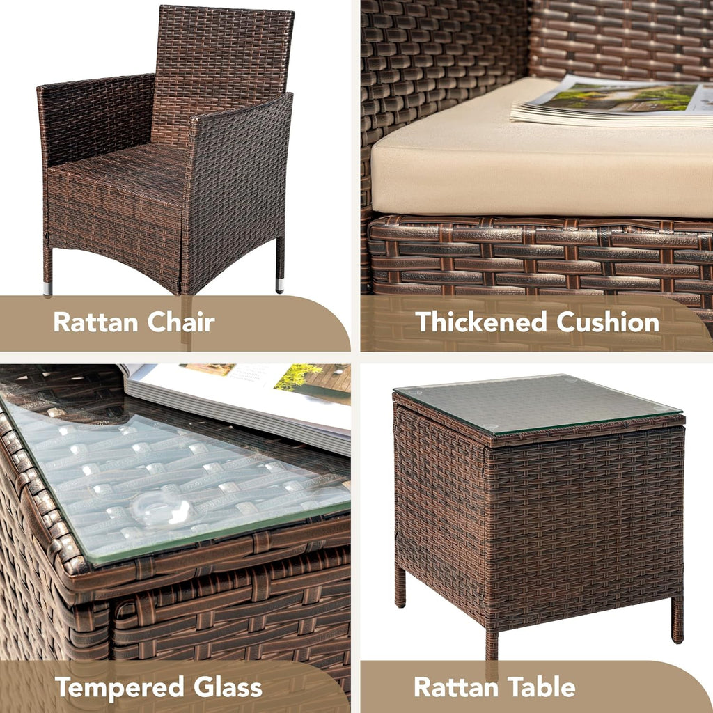 Patio Porch Furniture Sets 3 Pieces PE Rattan Wicker Chairs with Table Outdoor Garden Furniture Sets (Brown/Beige)