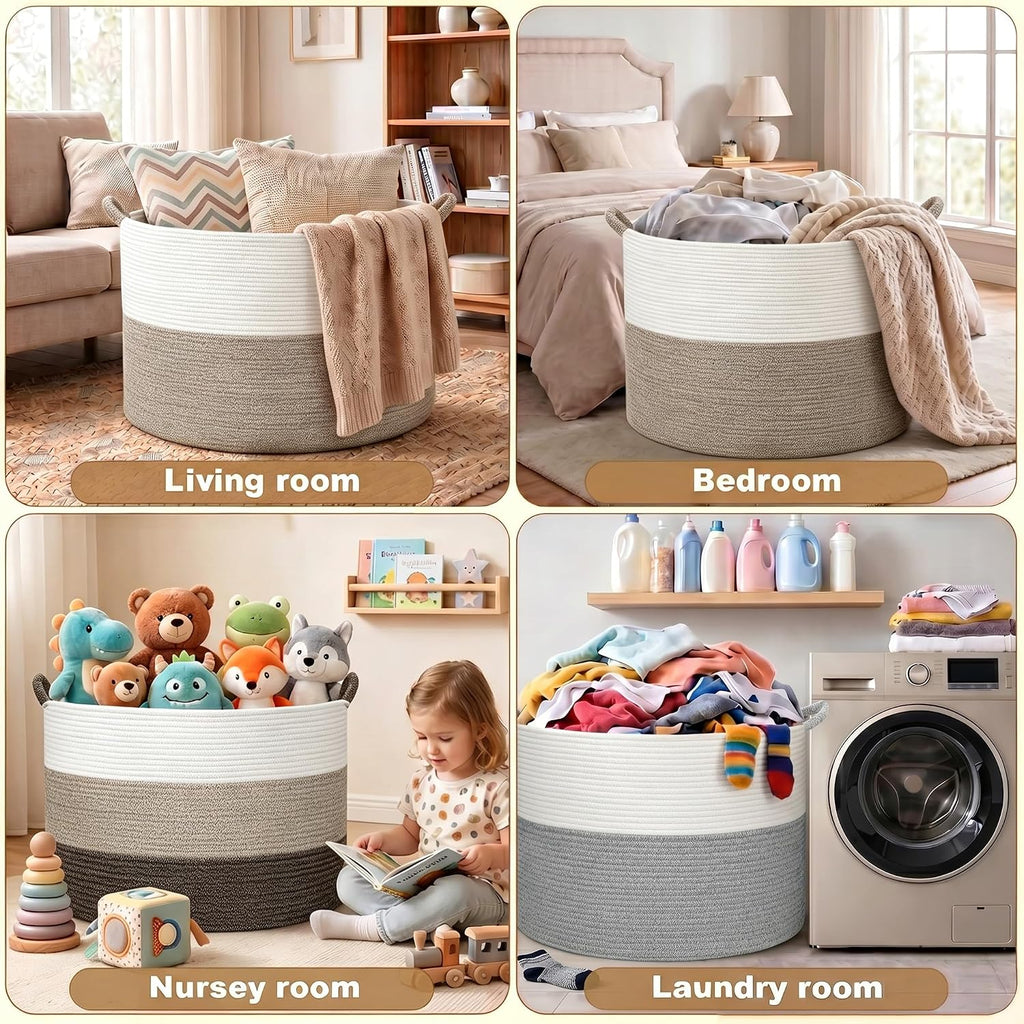 Large Blanket Basket , 21.7" x 13.8" Woven Cotton Rope Laundry Hamper for Pillows, Towels & Toy Storage - Decorative