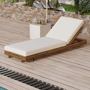 Outdoor Chaise Lounge Chair, Patio Lounge Chair, Solid Acacia Wood Pool Lounger, 6-Position Adjustable Backrest