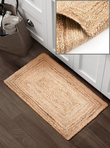Hand Woven Jute Braided Rug 2x3 Feet - Natural Color, Reversible Boho Entry Area Rugs