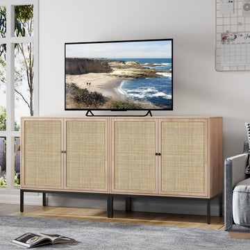 Set of 2 Sideboard Buffet Cabinet with Natural Rattan Decorated Doors, 63" W Rattan Cabinet, Console Storage Cabinet