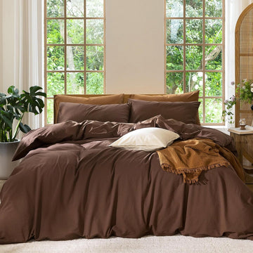 Bedding Duvet Cover Set 100% Washed Cotton Linen Like Textured Breathable Durable Soft Comfy (Solid Cocoa Brown