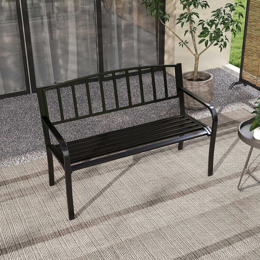 Metal Outdoor Bench, Patio Garden Bench with Backrest, Curved Armrests, Slatted Seat for 2-3 Persons, 660 LBS