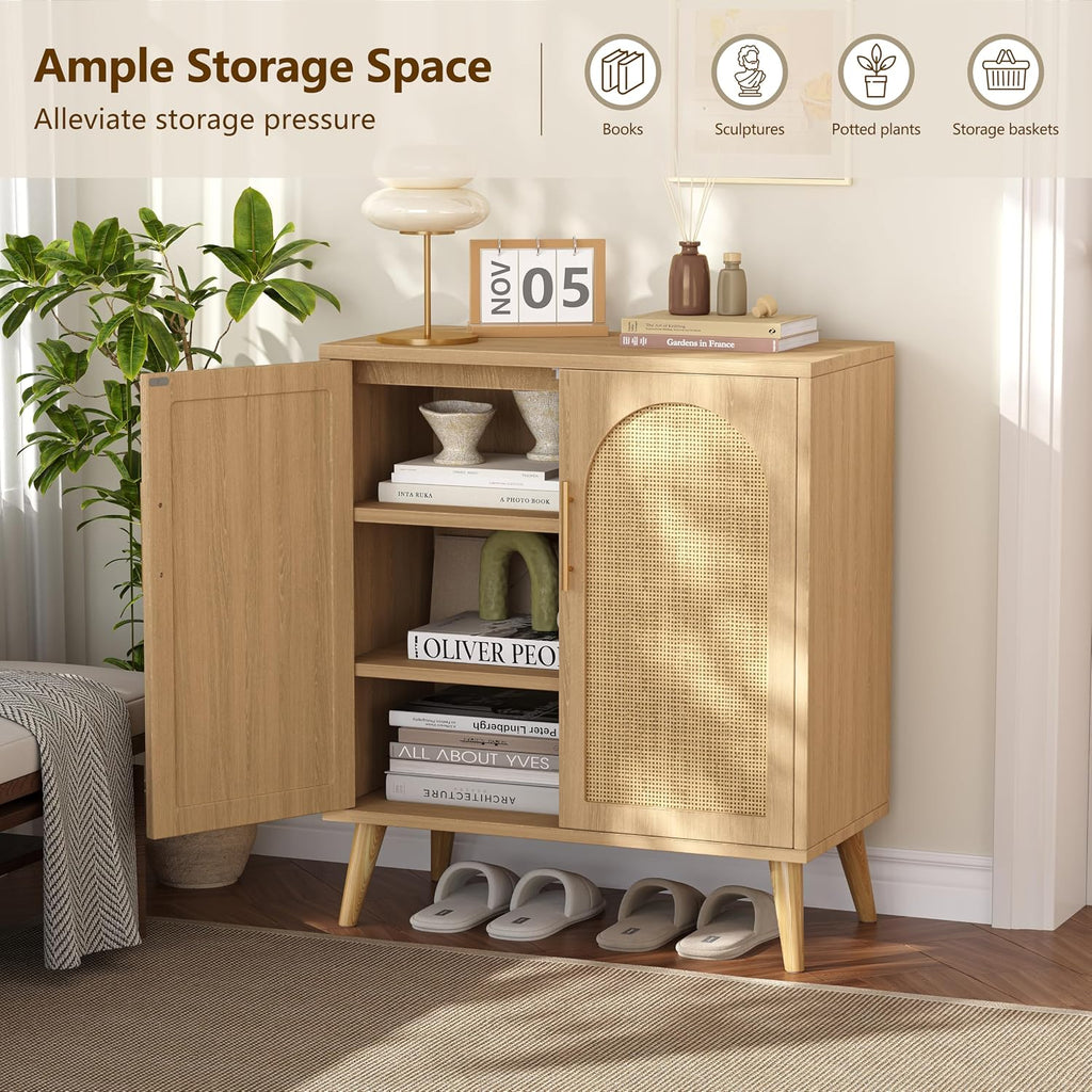 Set of 2 Rattan Storage Cabinet with 4 Doors & Solid Wood Legs | 59 Inch Sideboard with Adjustable Shelf , Floor