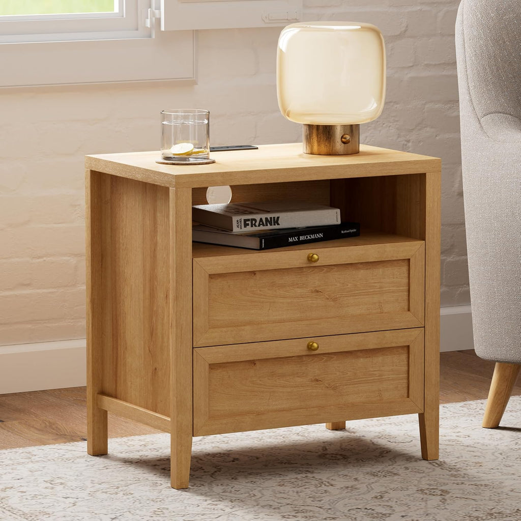 Modern Nightstand with 2 Drawers Wooden End Table with Charging Station Farmhouse Night Stand Bedside Side Table with