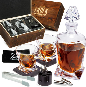 Whiskey Decanter and Stones Gift Set for Men - Whiskey Decanter, 2 Twisted Whiskey Glasses, 6 XL Stainless Steel - Set of 12