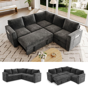 Sectional Sleeper Sofa, Pull Out Couch with Storage, Charcoal Gray, 5 Seat