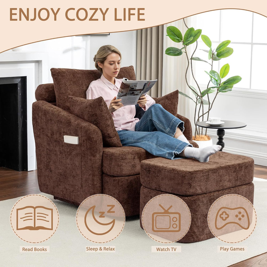 Modern Swivel Lounge Chair and Ottoman — Brown Chenille