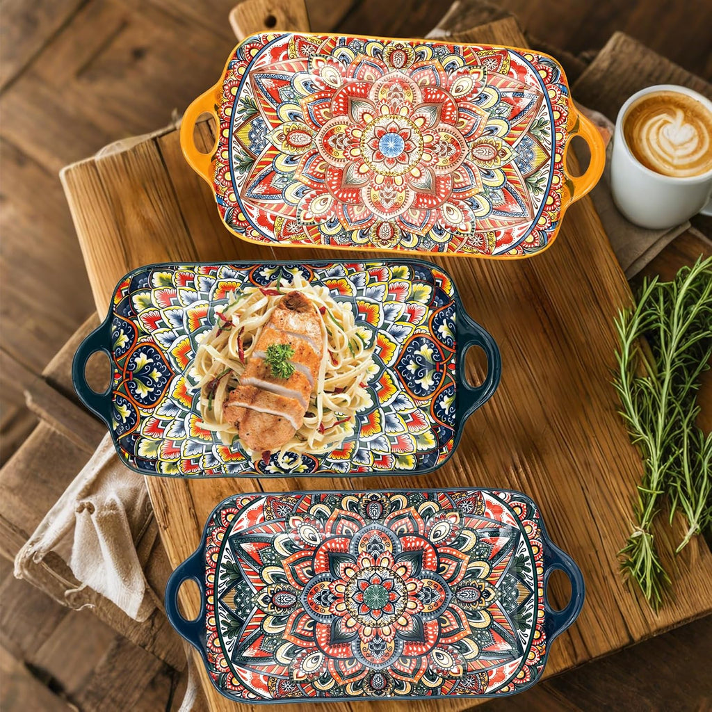 Boho Ceramic Serving Platters with Handles Set of 4, 12Inch Large Serving Dishes for Entertaining, Colorful Cute