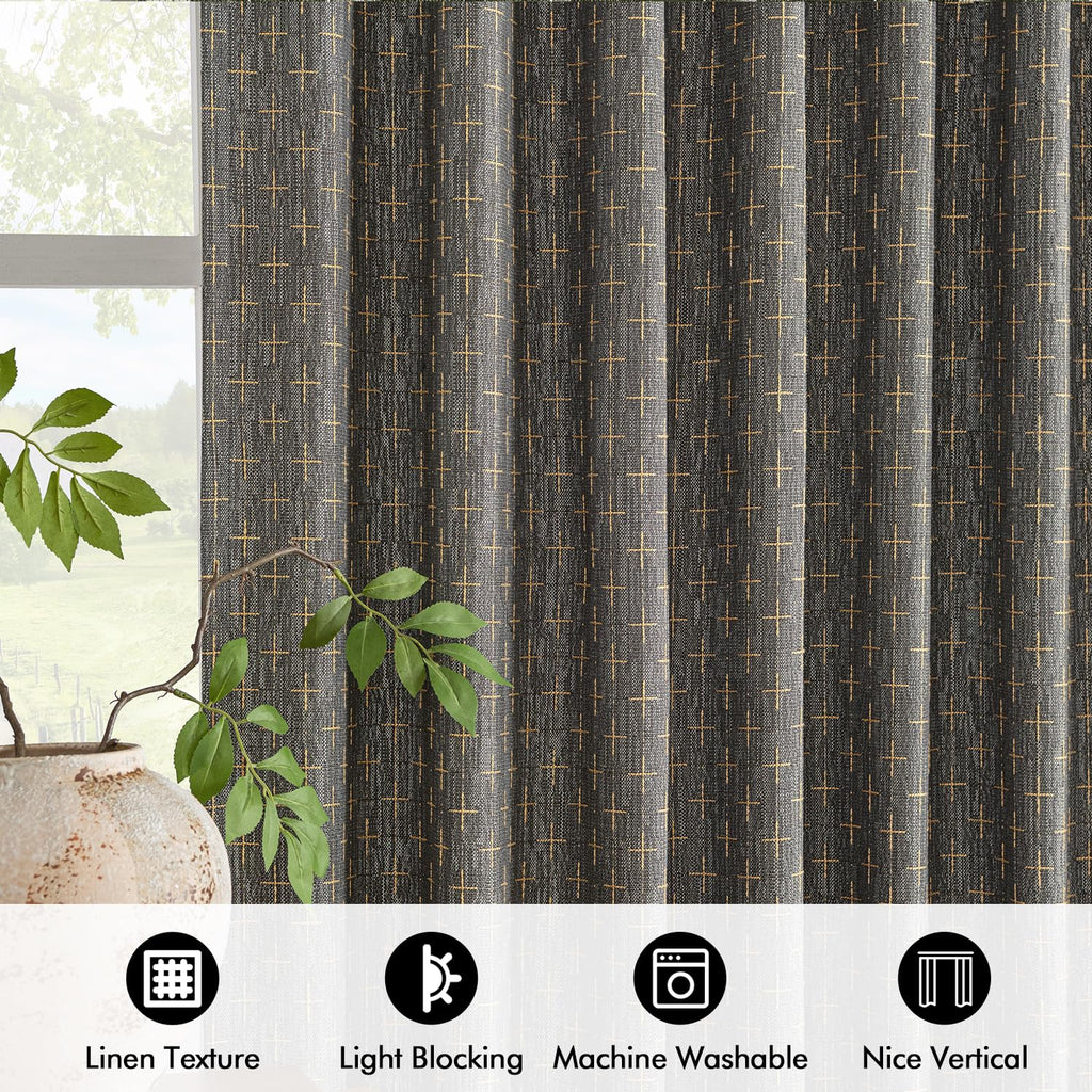 Patterned Farmhouse Linen Curtains, Back Tab, 52Wx84L, Dark Grey