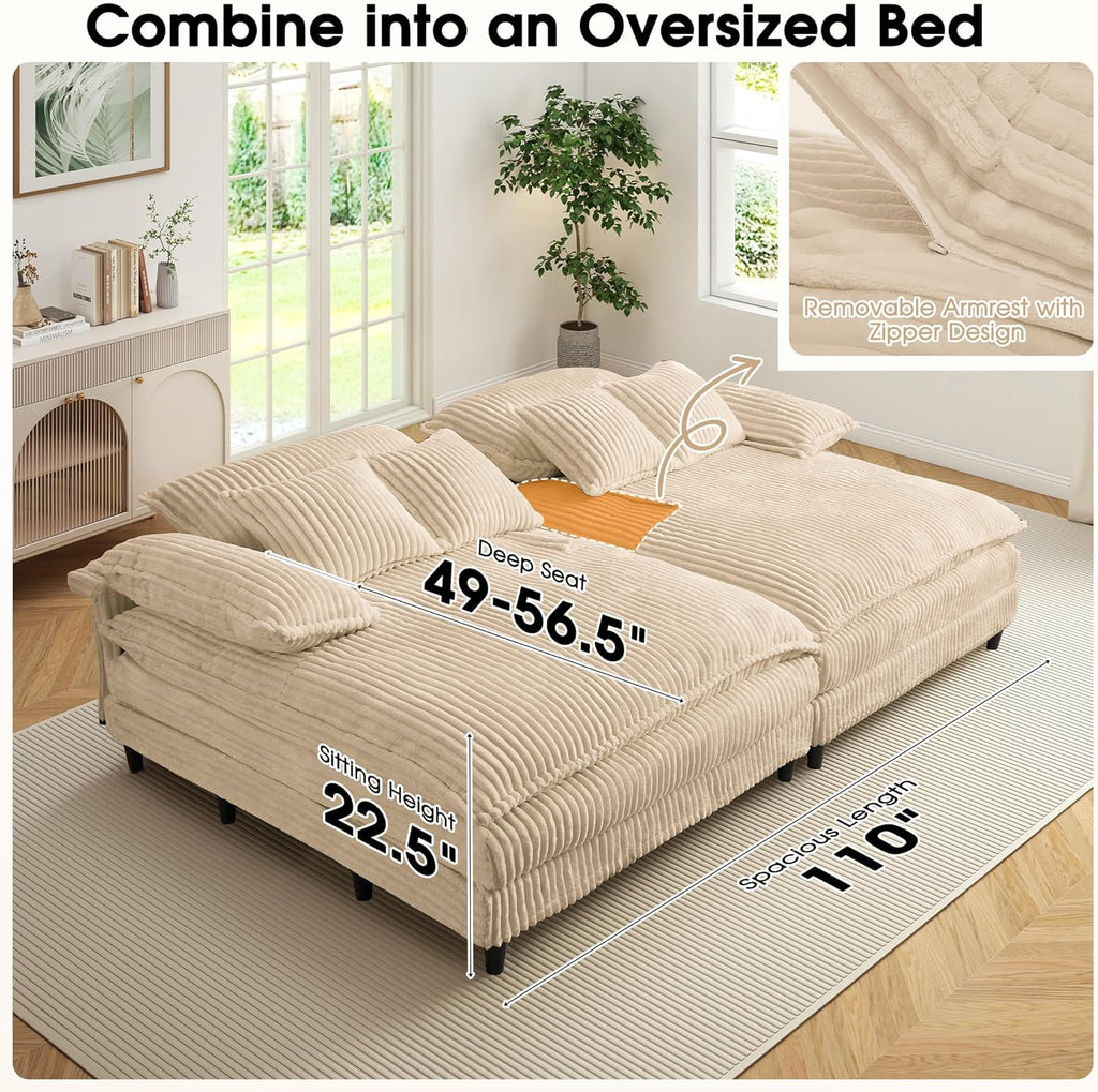 54.8" W Oversized Chaise Lounge Chair Indoor with 5-Position Adjustable Backrest, Corduroy Sleeper Sofa Bed with 3