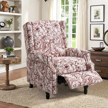 Wingback Floral Pushback Recliner Chair, Rococo Orange, Set of 1