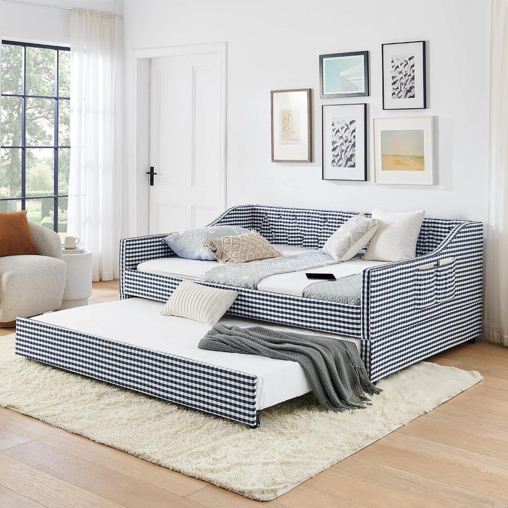 Gingham Daybed with Pull-Out Trundle and Side Pocket /Guest Room, Full Size Upholstered 3-in-1 Versatile Sofabed