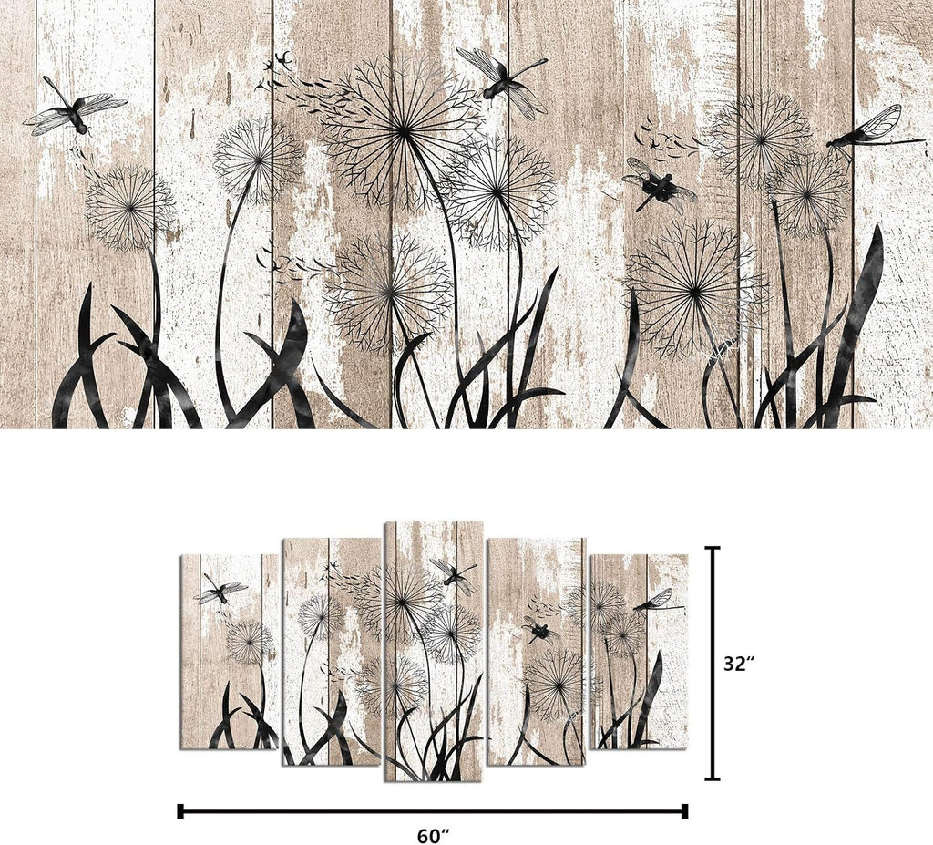 5 Pieces Large Abstract Dragonfly with Dandelion Giclee Print Canvas Wall Art on Rustic Beige Wood Textured Picture