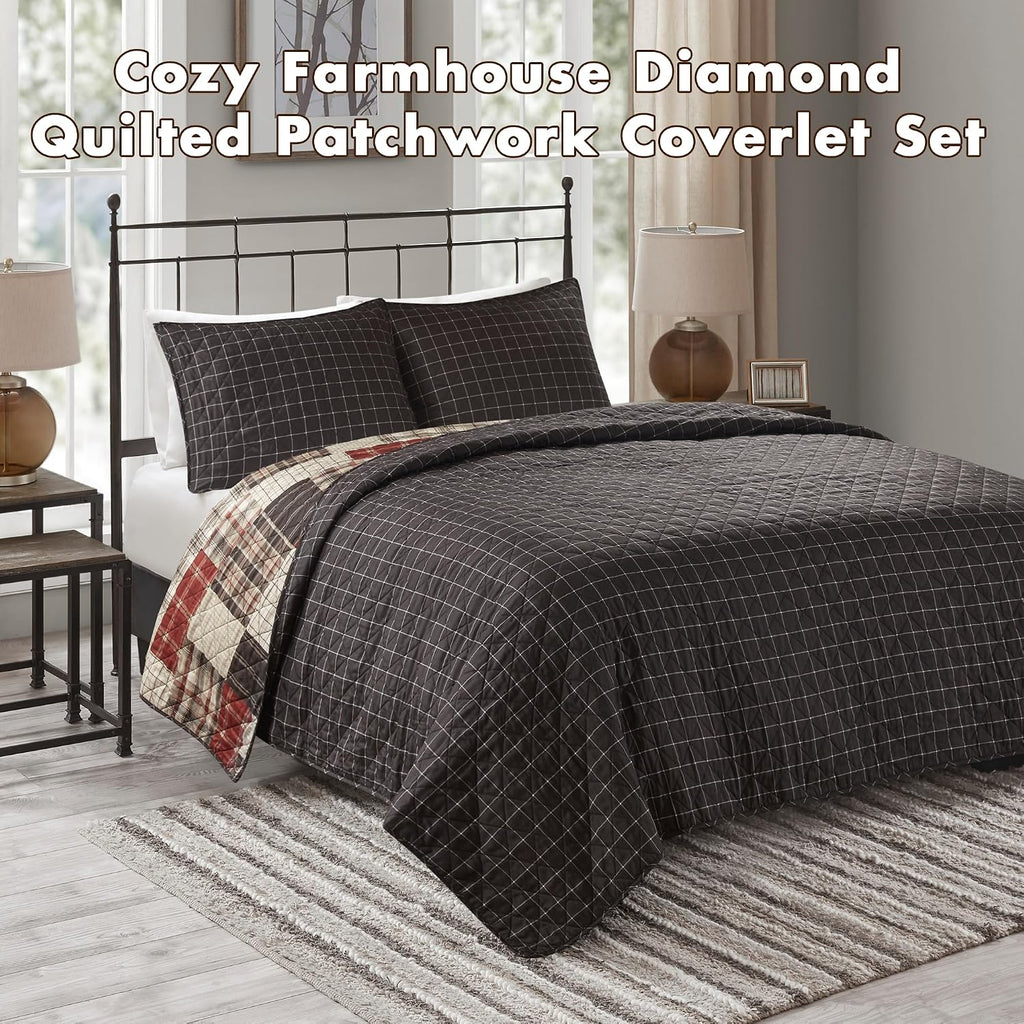 Queen Quilt Set Patchwork Farmhouse, Diamond Quilting Reversible Coverlet Set for Queen Bed, Plush Cotton Filled