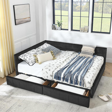 Queen Size Daybed with Storage Drawers, Upholstered Corner Bed with L Shaped Headboard, Velvet Daybed Frame Guest