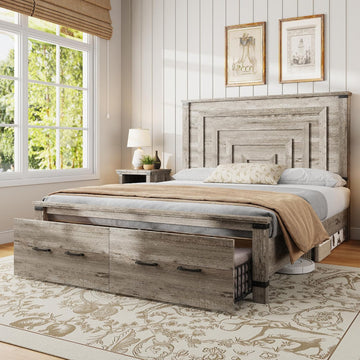 Farmhouse Queen Bed Frame with 54" Tall Geometric Headboard & Footboard, Rustic Wood Platform Bed Frame with Large