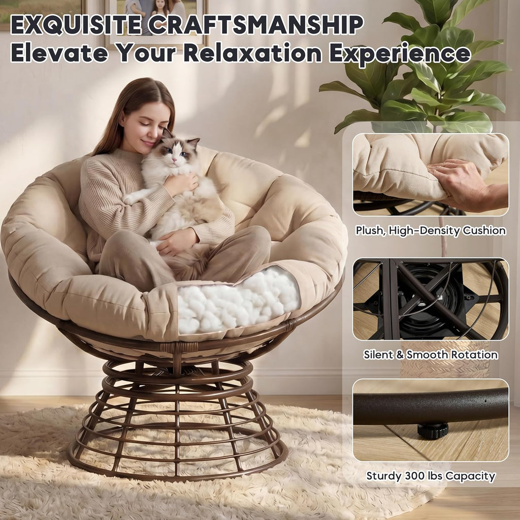Comfortable 36" Ergonomic Wicker Papasan Chair, 360° Swivel Wicker Accent Chair Polyester Fabric Cushion, Ideal