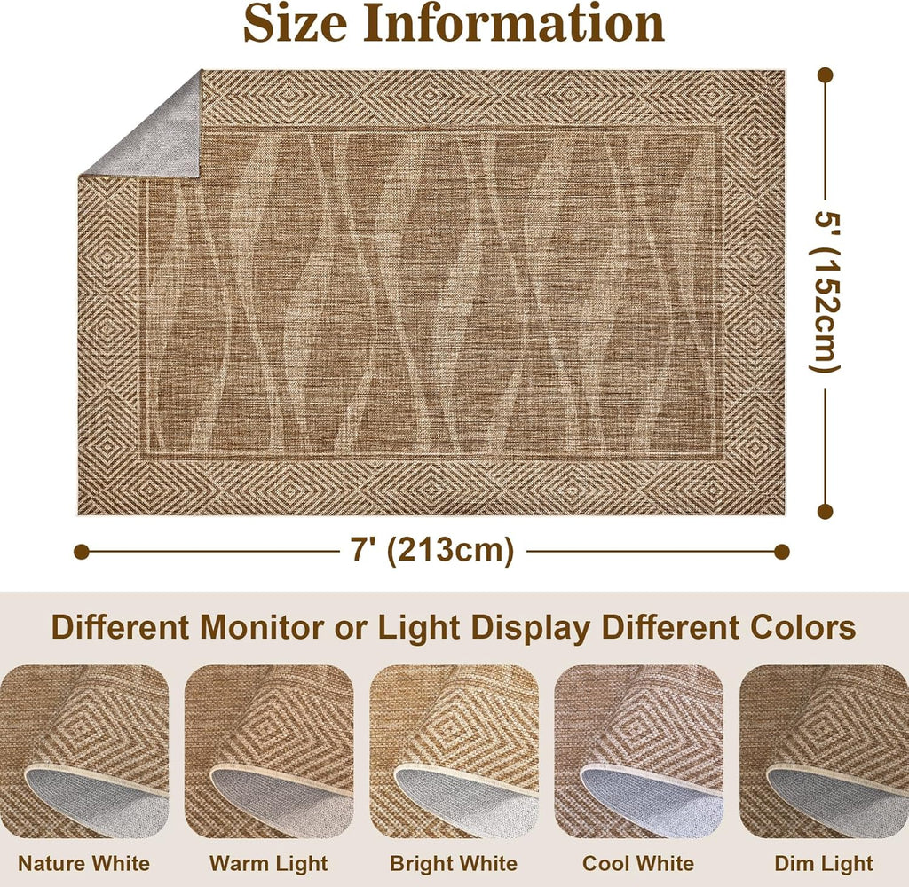 Jute Rug 5x7 Outdoor Patio Rug with Border, Washable Rugs for Living Room, Farmhouse Non Slip Area R
