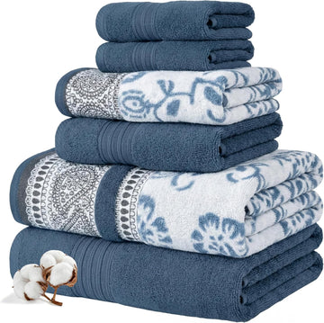 6 Piece Bath Towel Set - Bathroom Set with 2 Bath Towels, 2 Hand Towels, and 2 Wash Cloths - 100% Cotton, Super