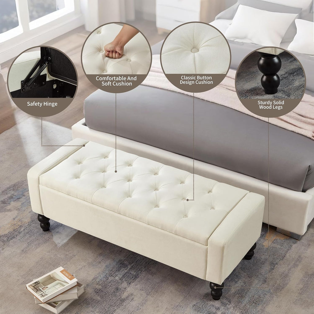 50" W Storage Ottoman Bench with Safety Hinge, Load up to 660 lb Ottoman with Storage, Upholstered Tufted Entryway
