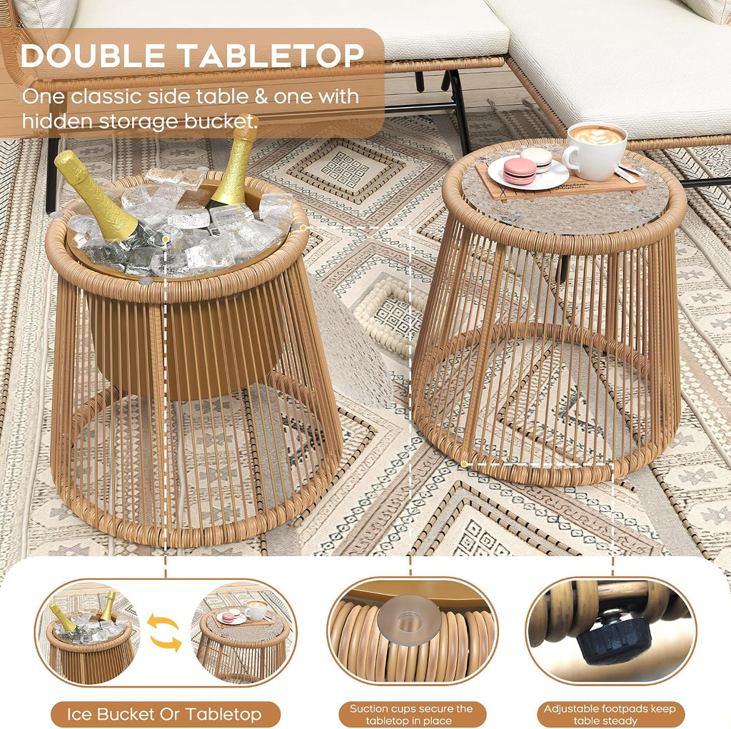 6-Piece Boho Outdoor Patio Furniture Set, L-Shaped Wicker Sectional Sofa with Ice Bucket Table & High Back, Sturdy