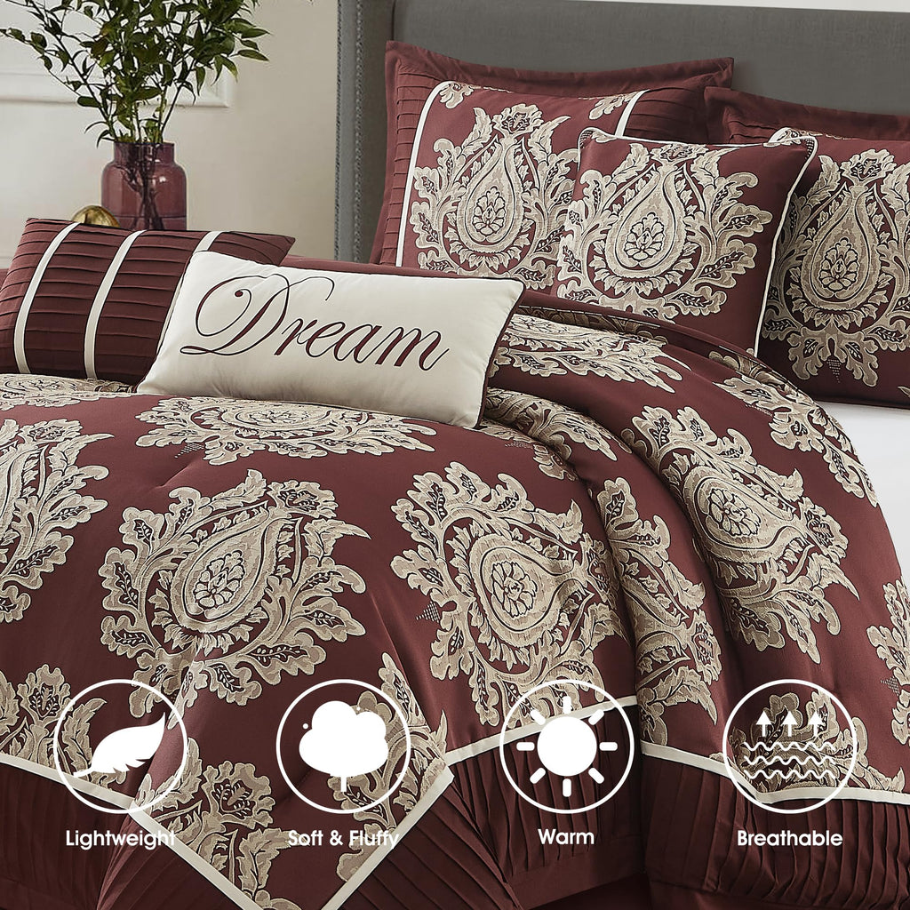 Burgundy Comforter Set 7 Pieces, Jacquard Woven with Damask, Bedding Set in a Bag Includes Comforter