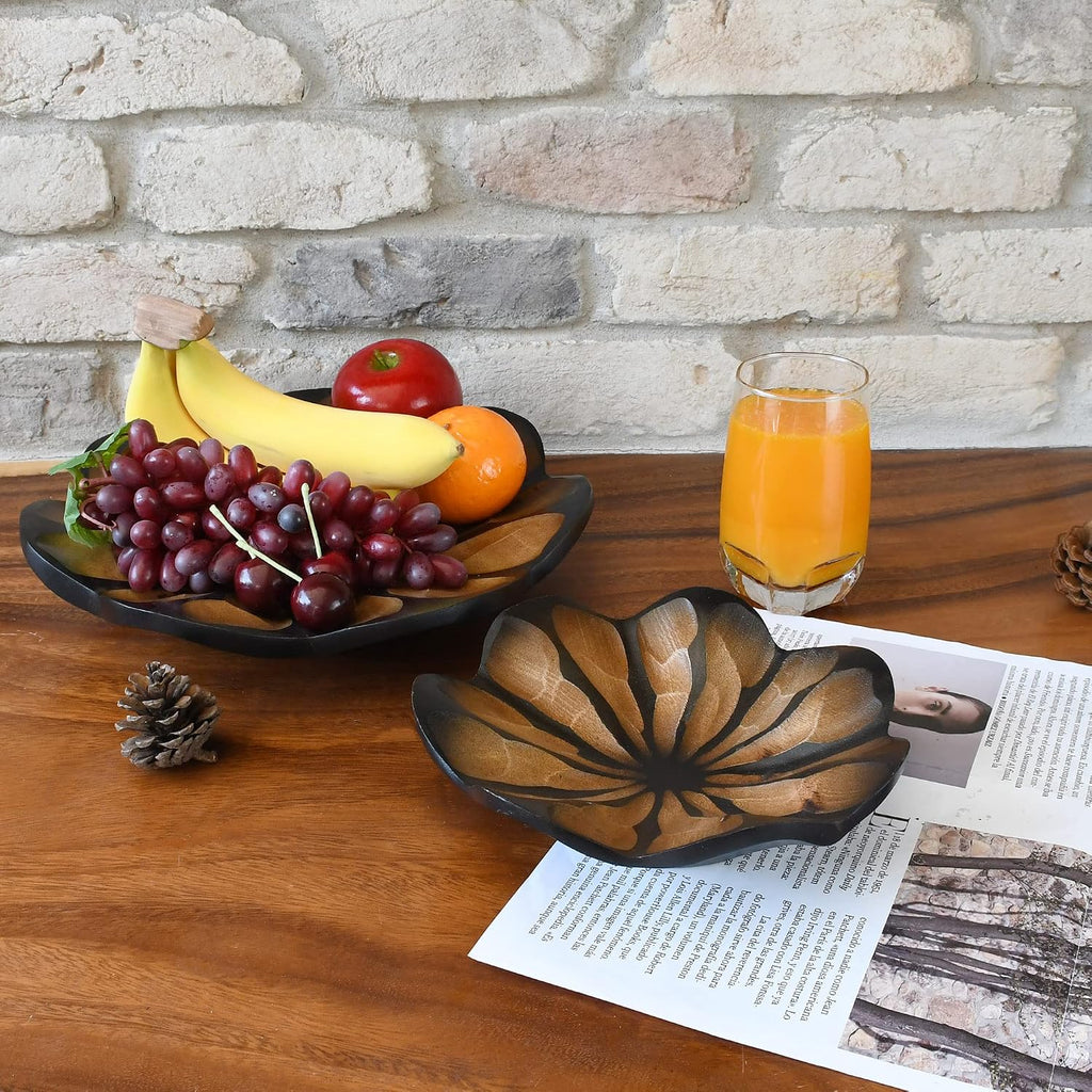 8-Inch Mango Wood Lotus Blossom Plate Tray | Decorative Carved Wooden Bowl for Tabletop, Entryway or Kitchen | Rustic