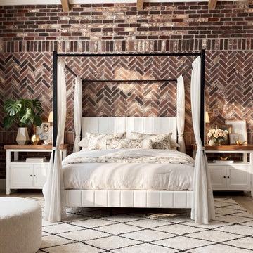 King Size Upholstered Canopy Bed Frame, Modern Luxury Channel-Tufted Headboard and Footboard, Platform Bed with 4