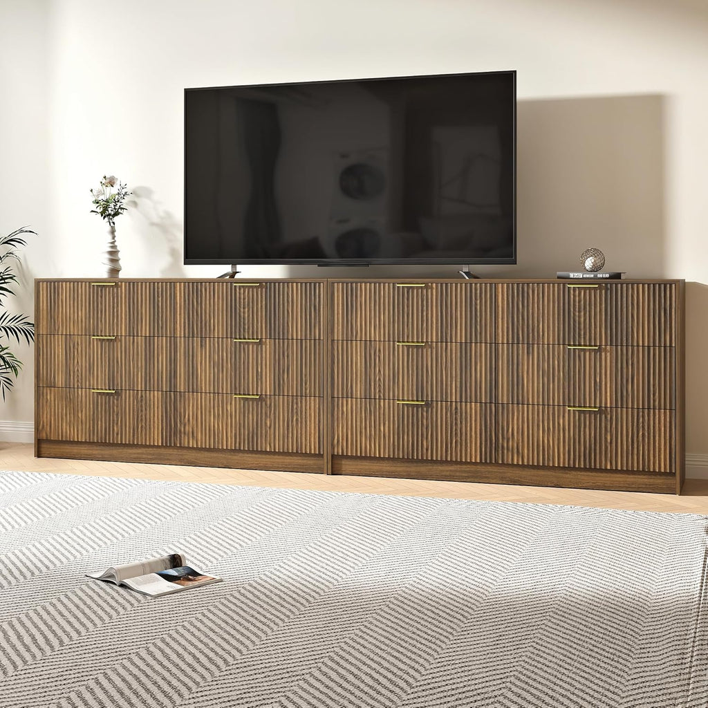 Walnut Dresser Set of 2, Long Dresser Wooden with 12 Drawers, Fluted Modern Bedroom Furniture Set, TV Stand Dressers