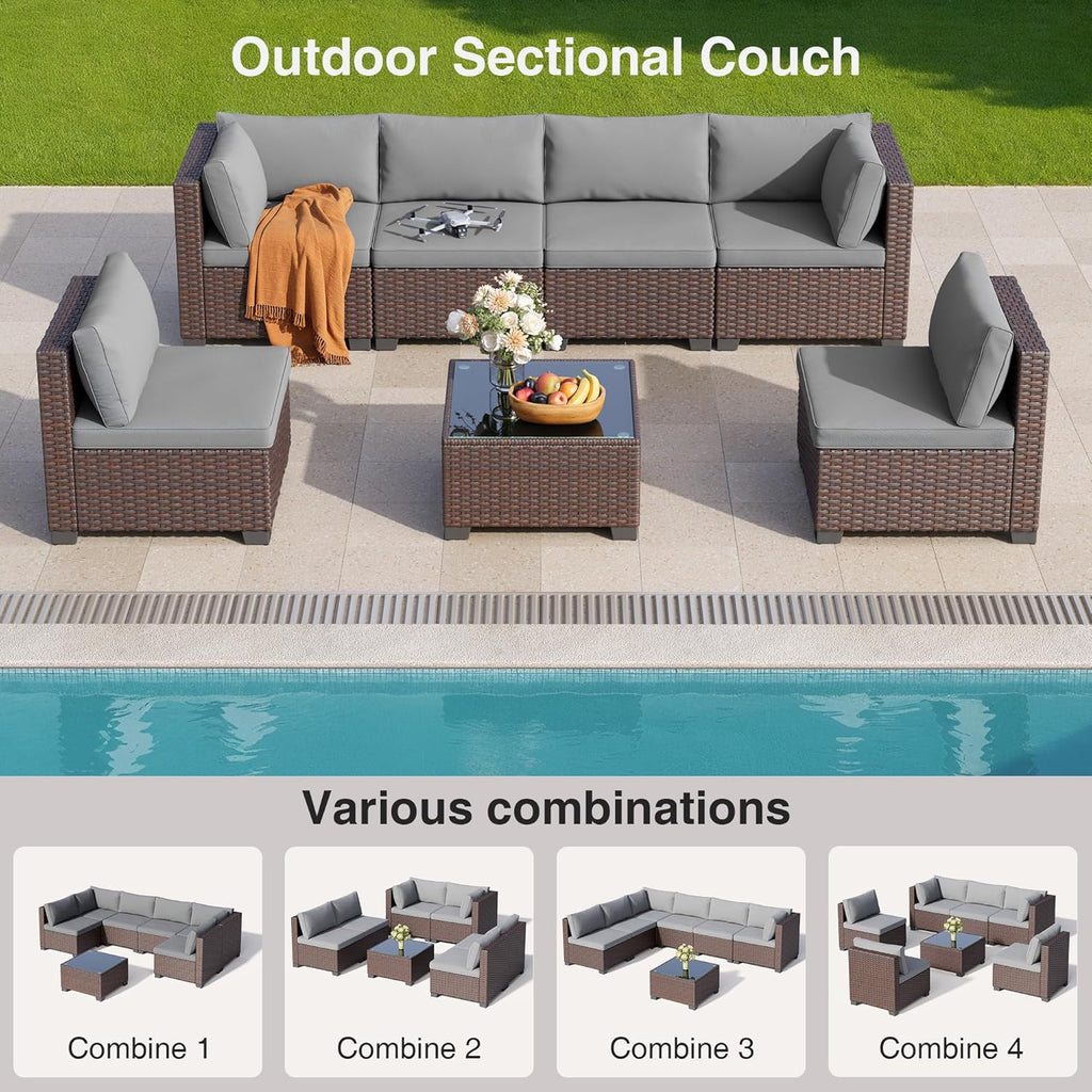 7 Pieces Outdoor Patio Furniture Set, PE Rattan Outdoor Wicker Sectional Furniture Sofa Set, with Cushions and Glass