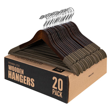 Wooden Hangers - Non Slip Luxury Natural Lotus Wood & Velvet Suit & Pants Hangers - 360 Rotating Hooks - 20 Pack