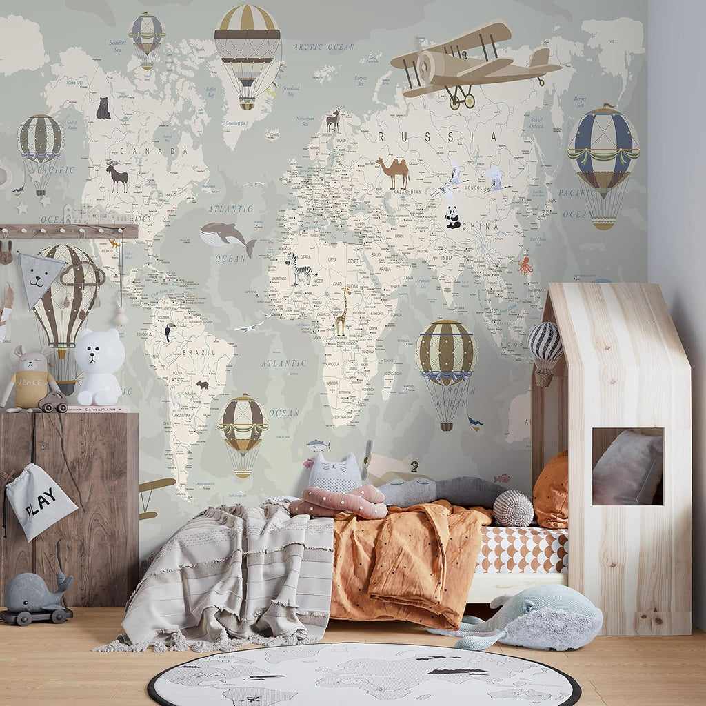 Kids World Map Wallpaper with Animals-Peel and Stick Educational Decals-Nursery Murals for Baby, Toddlers,Boys, Kids