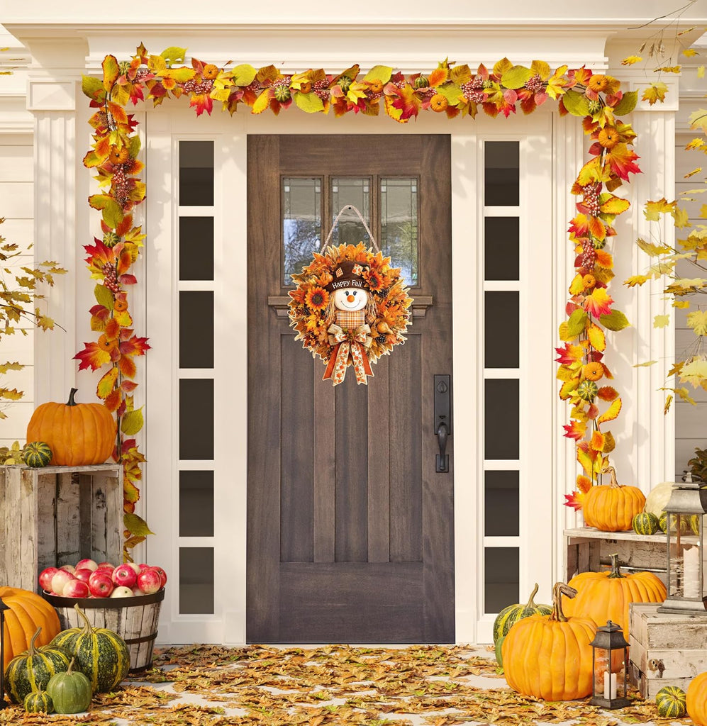 Fall Decorations Wooden Fall Decor Scarecrow Door Wreath for Front Door Farmhouse Scarecrow Maple Leaf Welcome Sign