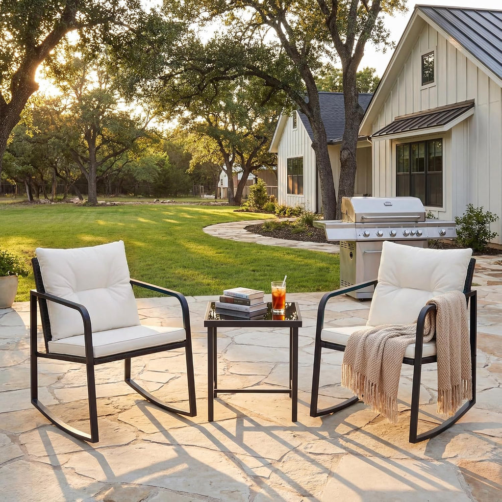 Patio Chairs 3 Piece Wicker Rocking Chair Bistro Sets, White | Outdoor Rocking Chairs with Coffee Table and Cushions