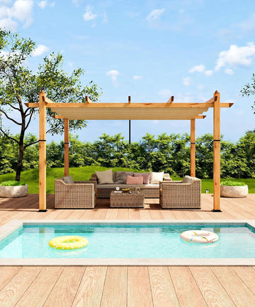 10 x 13 ft Wood-Grain Aluminum Pergola Outdoor Pergola with Retractable Canopy Sun Shade Shelter for Garden