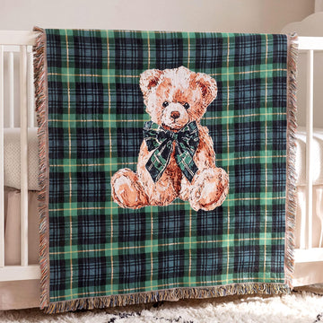 60 x 50 in Christmas Tartan Plaid Bear Baby Woven Tapestry Throw