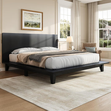 King Size Wooden Bed Frames with Black Headboard, Japanese Pine Wood Platform Bed, Rustic & Mid-Century Modern