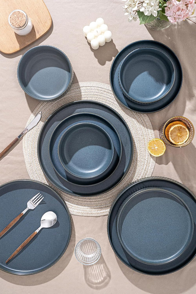 24 Piece Starry Blue Ceramic Dish Set,Plates and Bowls Set for 8,Dinnerware Sets for Hosting