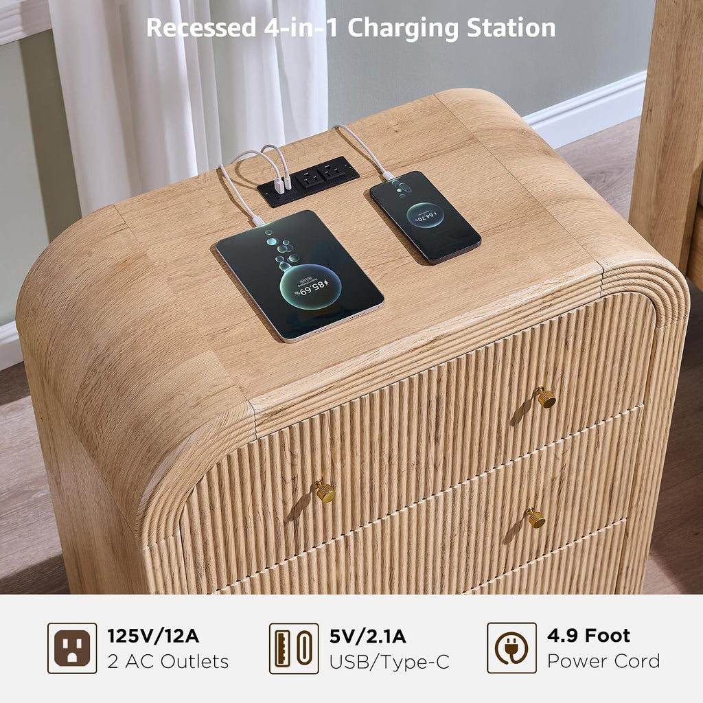 Fluted Nightstand with Charging Station, 32" Large 3 Drawers Bedside Table, Modern End Table with Storage Night Stand
