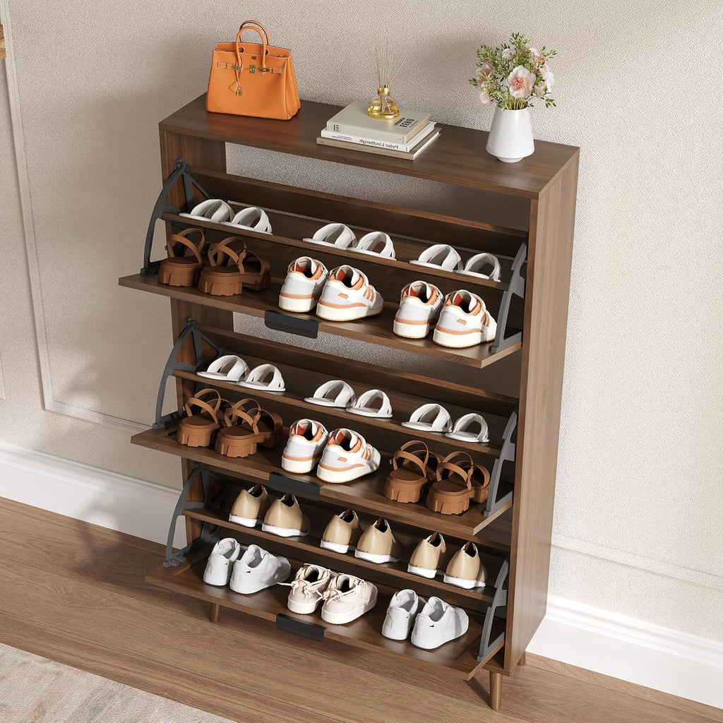 Shoe Cabinet with 3 Flip Drawers, Slim Wooden Shoe Storage Organizer with Modern Fluted Pannel,Freestanding Narrow