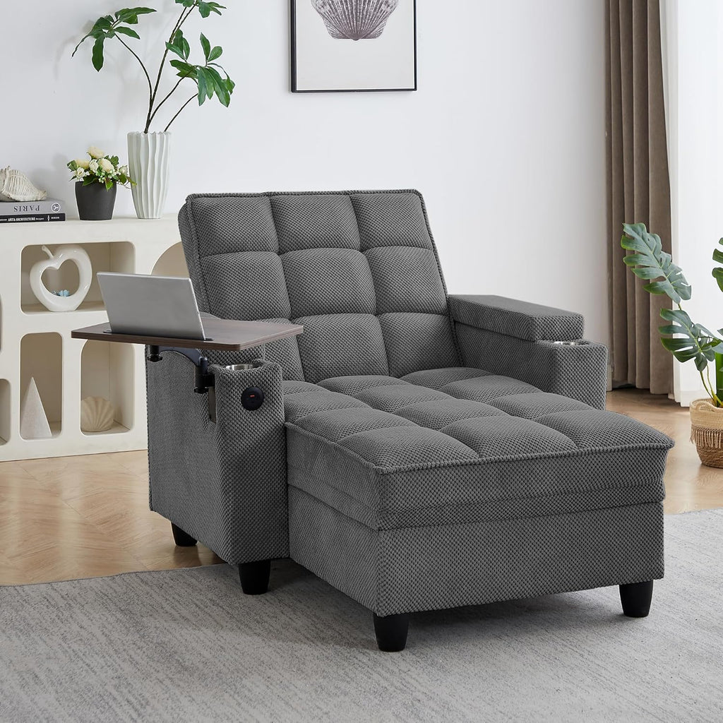 Convertible Chaise Lounge Sleeper Chair with Storage and 6-Position Reclining Backrest,Modern Tufted Recliner Lounge