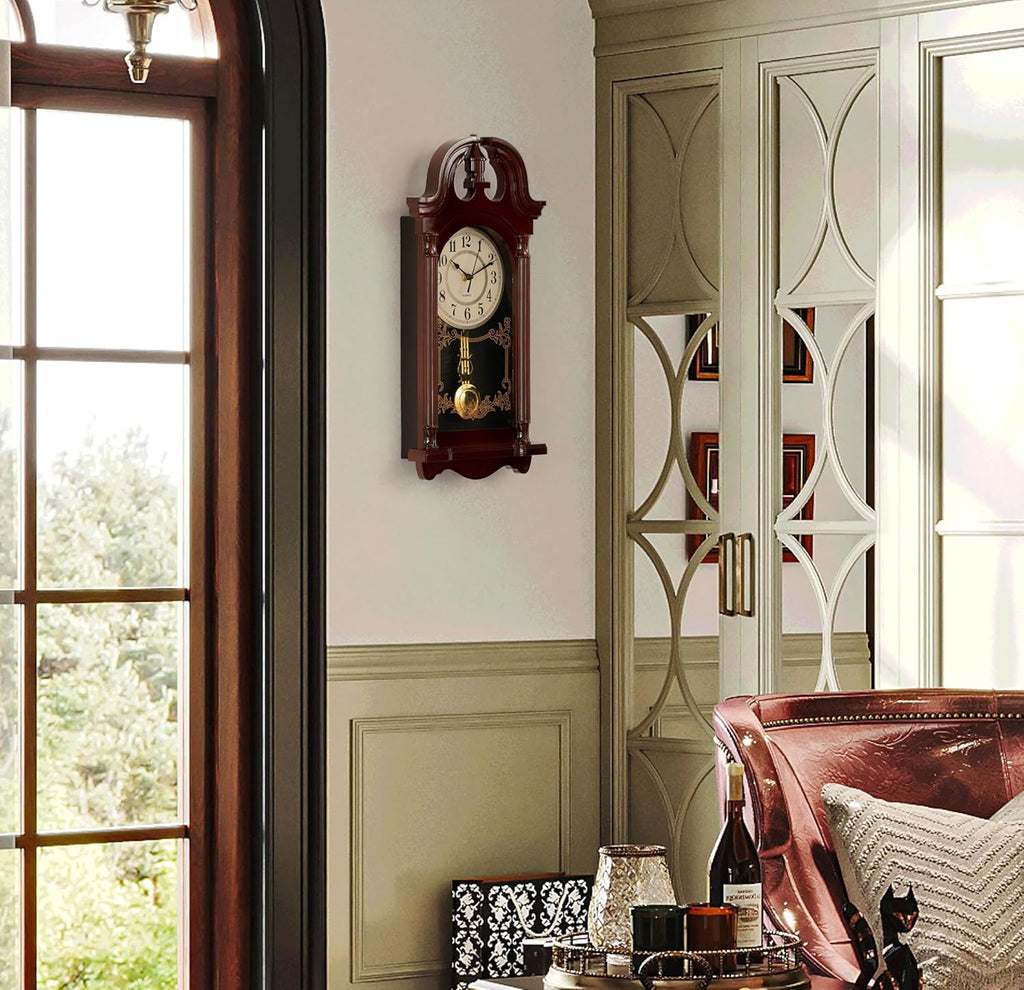 20" Plastic Grandfather Clock Realistic Wood-Grain Finish with Swinging Pendulum and Chiming Sound Battery-Operated Decorative Wall Accent for Home Office Living Room Kitchen Hallway, Brown