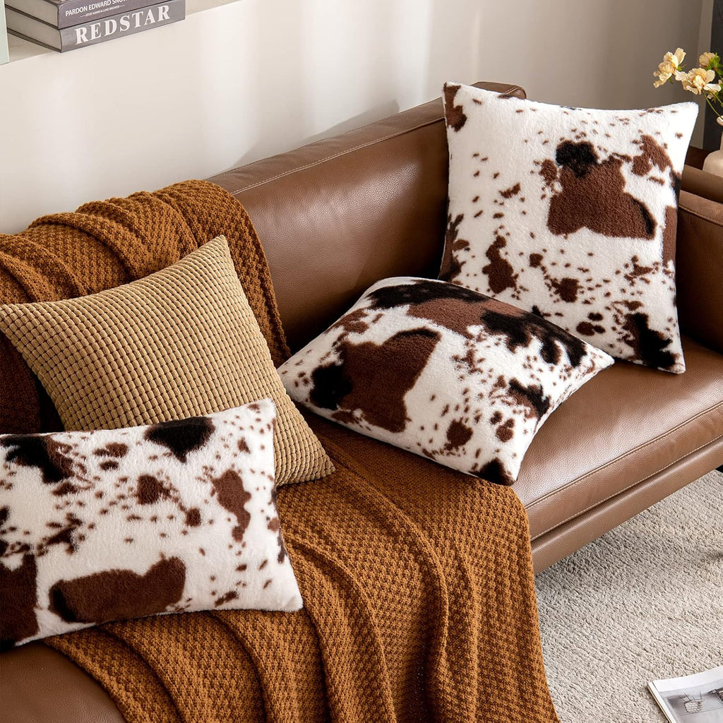 Pack of 2 Luxury Faux Fur Throw Pillow Covers Cowhide Decorative Soft Fluffy Plush Couch Throws Brindle Cushion Covers