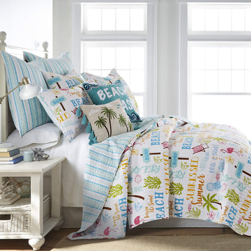 By - Beach Days Quilt Set - Queen Quilt (88x92in.) + Two Standard Pillow Shams (26x20in.) - Coastal Beach - Teal Blue