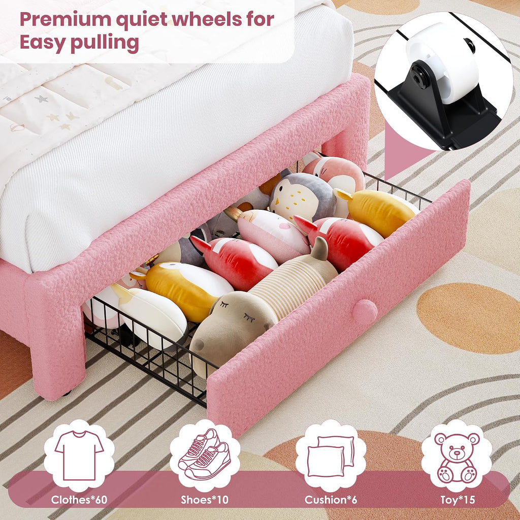 Twin Upholstered LED Bed Frame - with Storage Drawer and Rainbow Headboard, Berber Fleece Princess Platform Bed for