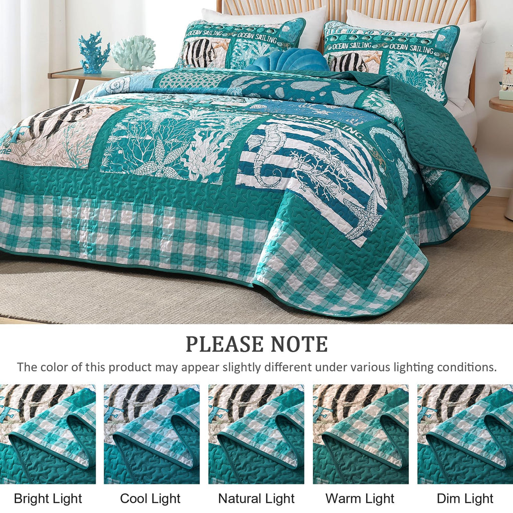 Beach Quilt Set 3 Piece, Summer Coastal Bedspread Coverlet Lightweight Green Ocean Theme Plaid Patchwork