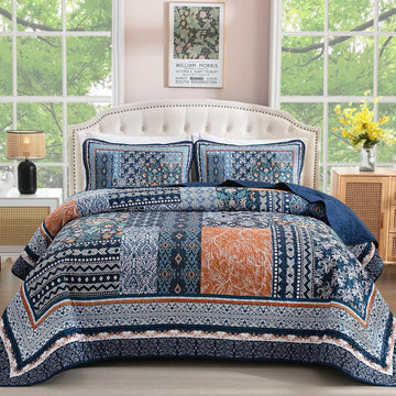 Navy Blue Quilt Set, Bohemian Patchwork Bedspread Coverlet Set, Reversible Farmhouse Floral Pattern Bedspreads