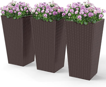 24 in Taper Tall Planters for Outdoor Plants Set of 3, Brown | with Drainage Holes, Rattan Decor Plant Pots, Indoor
